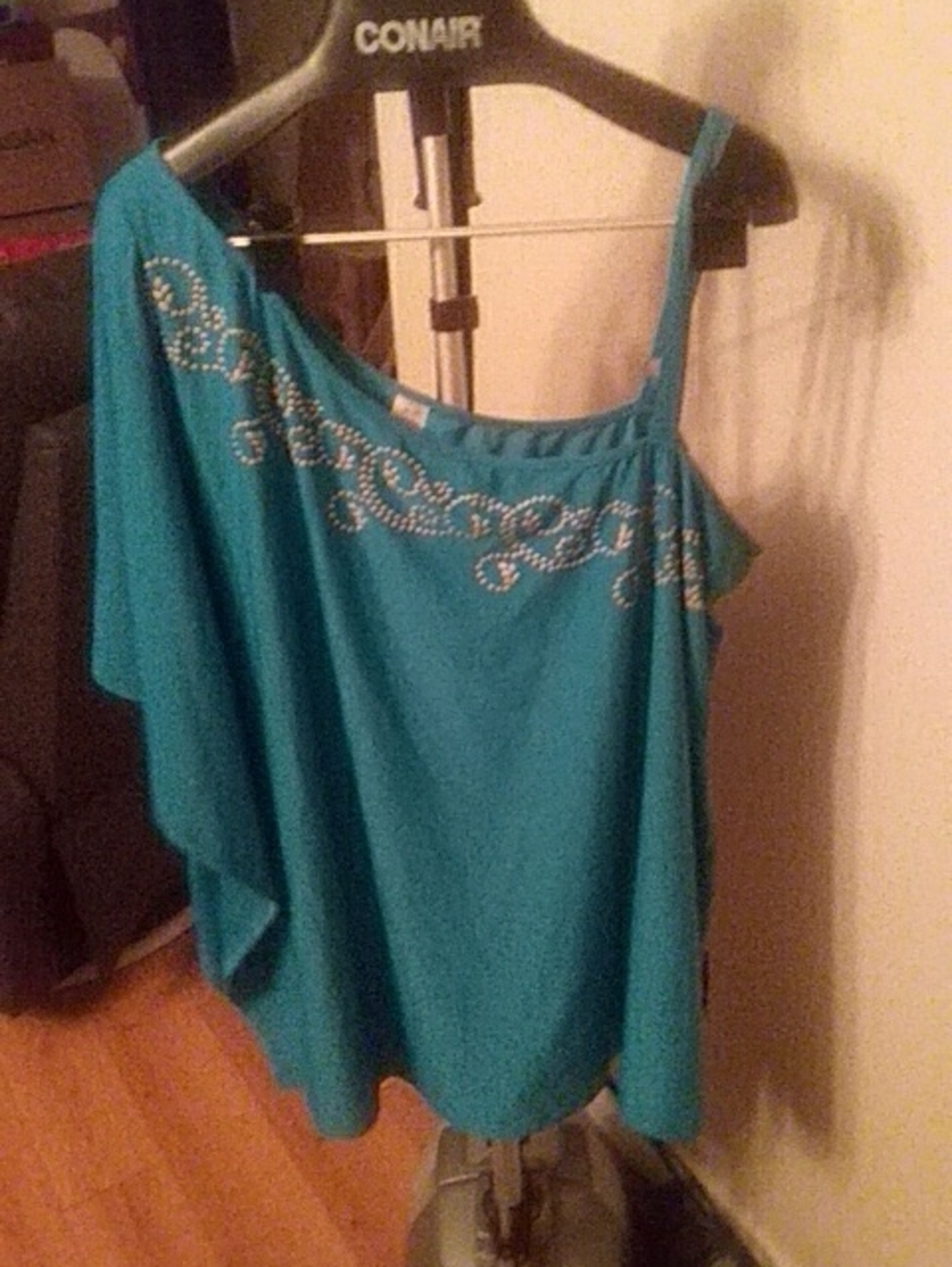 Teal One-Shoulder Women's Top with Rhinestone Detail